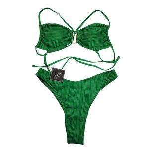 Zaful Green Ribbed Bikini Set Swimsuit Adjustable Straps Size M